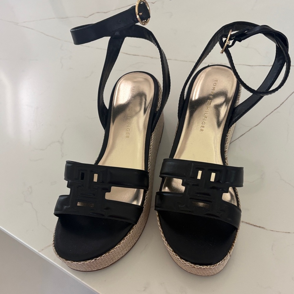 Tommy Hilfiger Black and Gold Wedge Sandals
